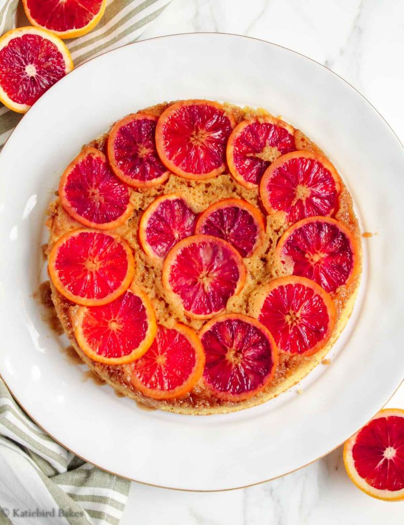 Blood Orange Upside-Down Cake from above, on a white plate