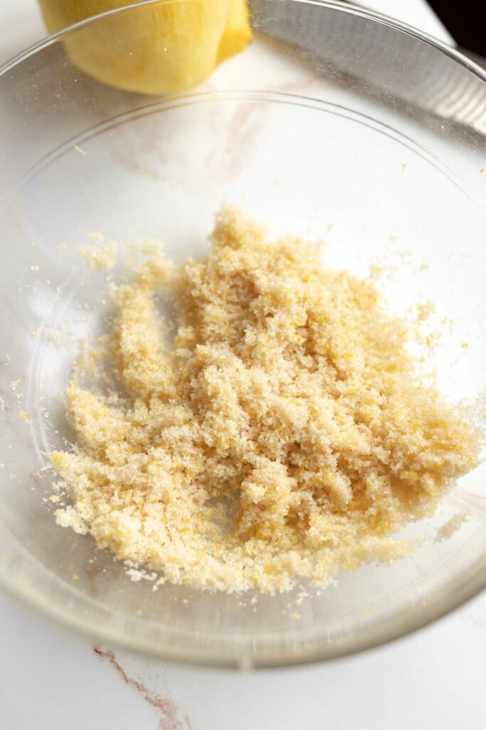 lemon zest and granulated sugar rubbed together in a medium sized glass bowl (to make lemon sugar)